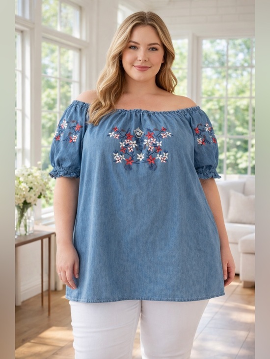 Embroidered Off-Shoulder Chambray Tunic Top - Blue 3X - Picture 2 of 7